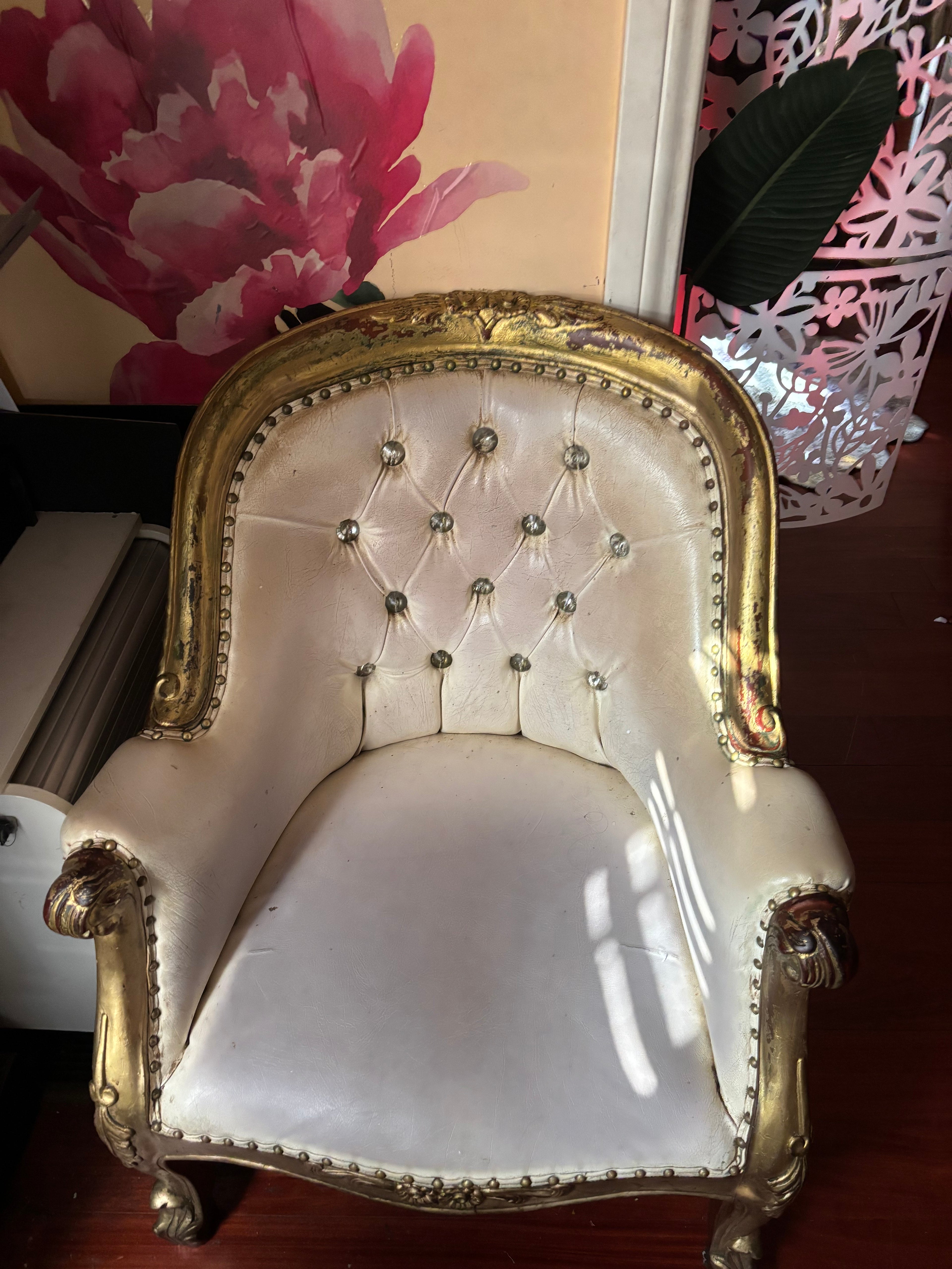 Vintage French Style Tufted Armchair – Gold Trim (Used)