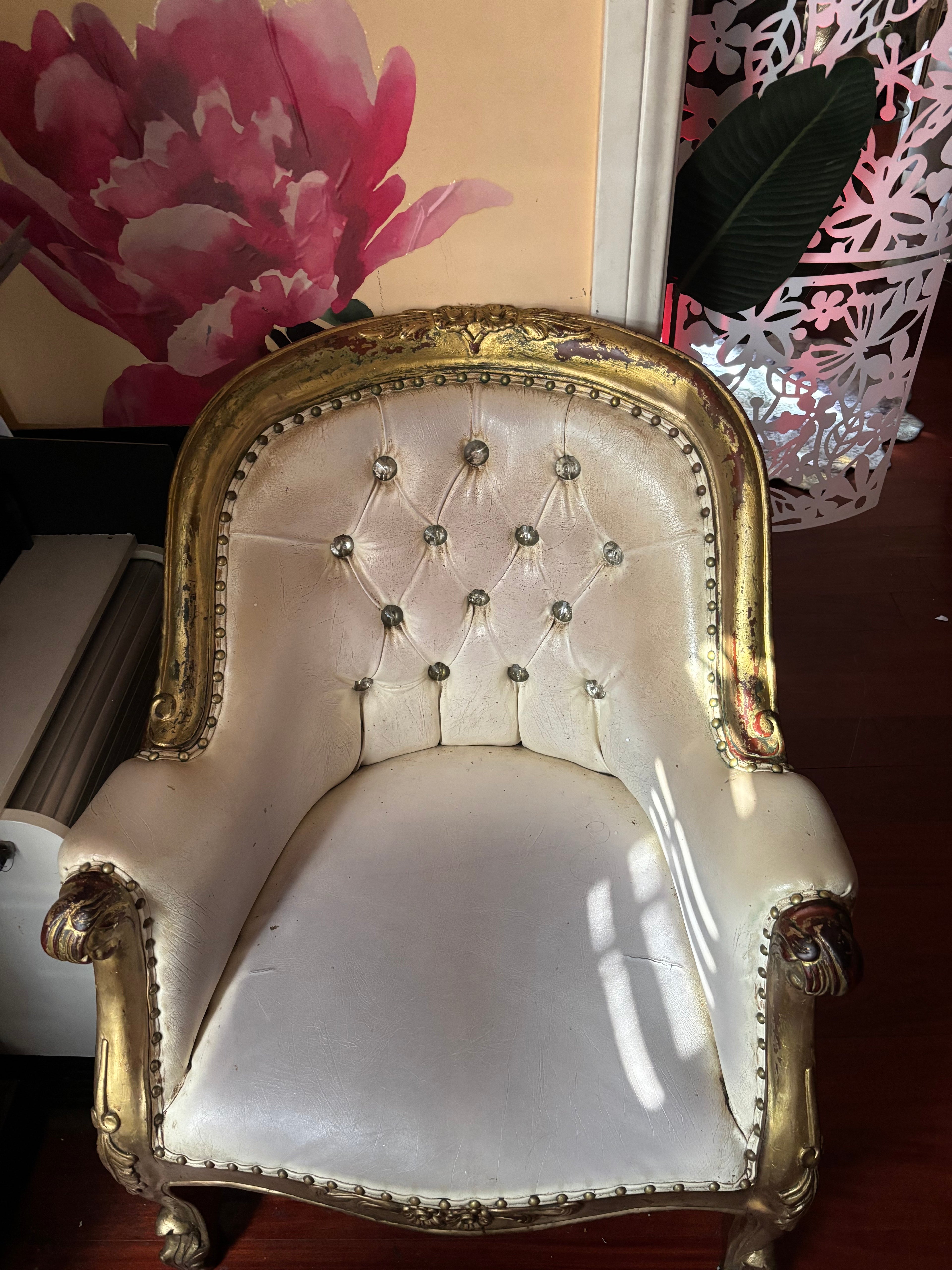 Vintage French Style Tufted Armchair – Gold Trim (Used)