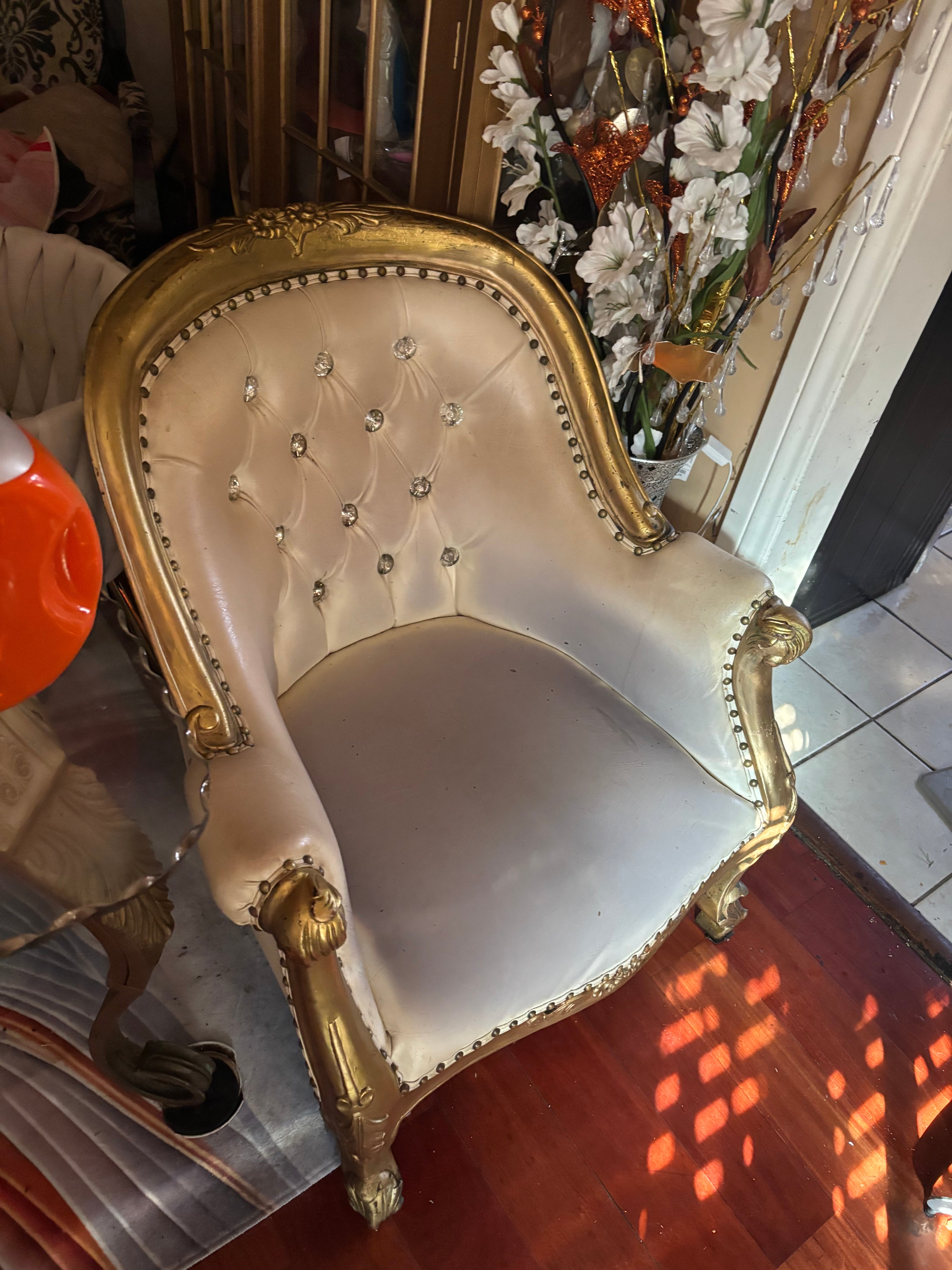 Vintage French Style Tufted Armchair – Gold Trim (Used)