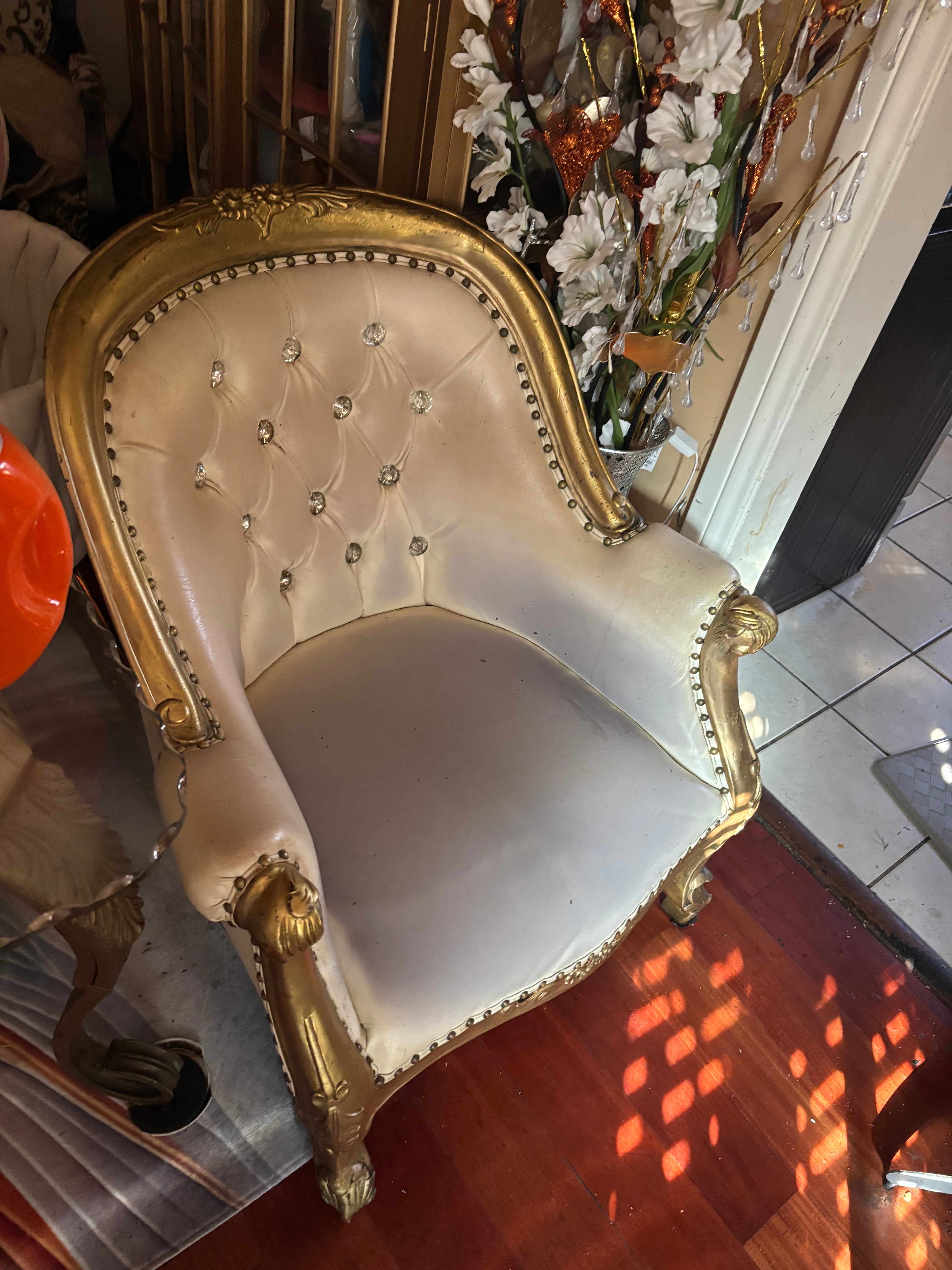 Vintage French Style Tufted Armchair – Gold Trim (Used)